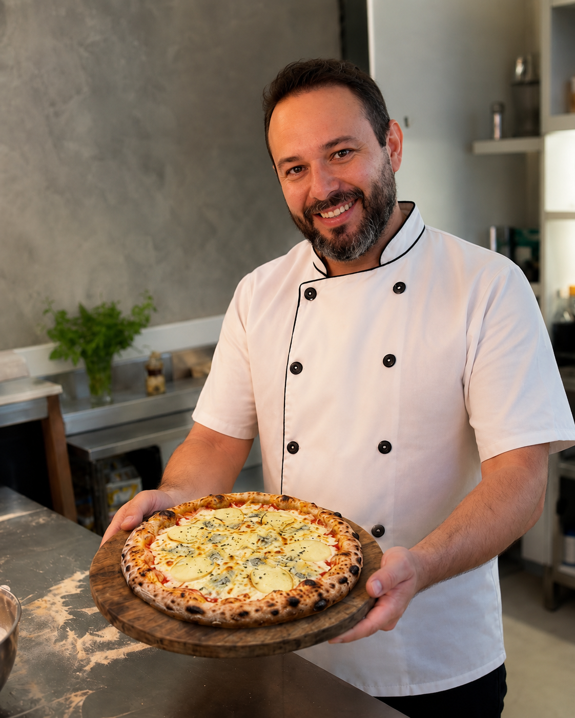 Instrutor da Fornarte de dolma branca apresentando uma pizza napoletana na cozinha