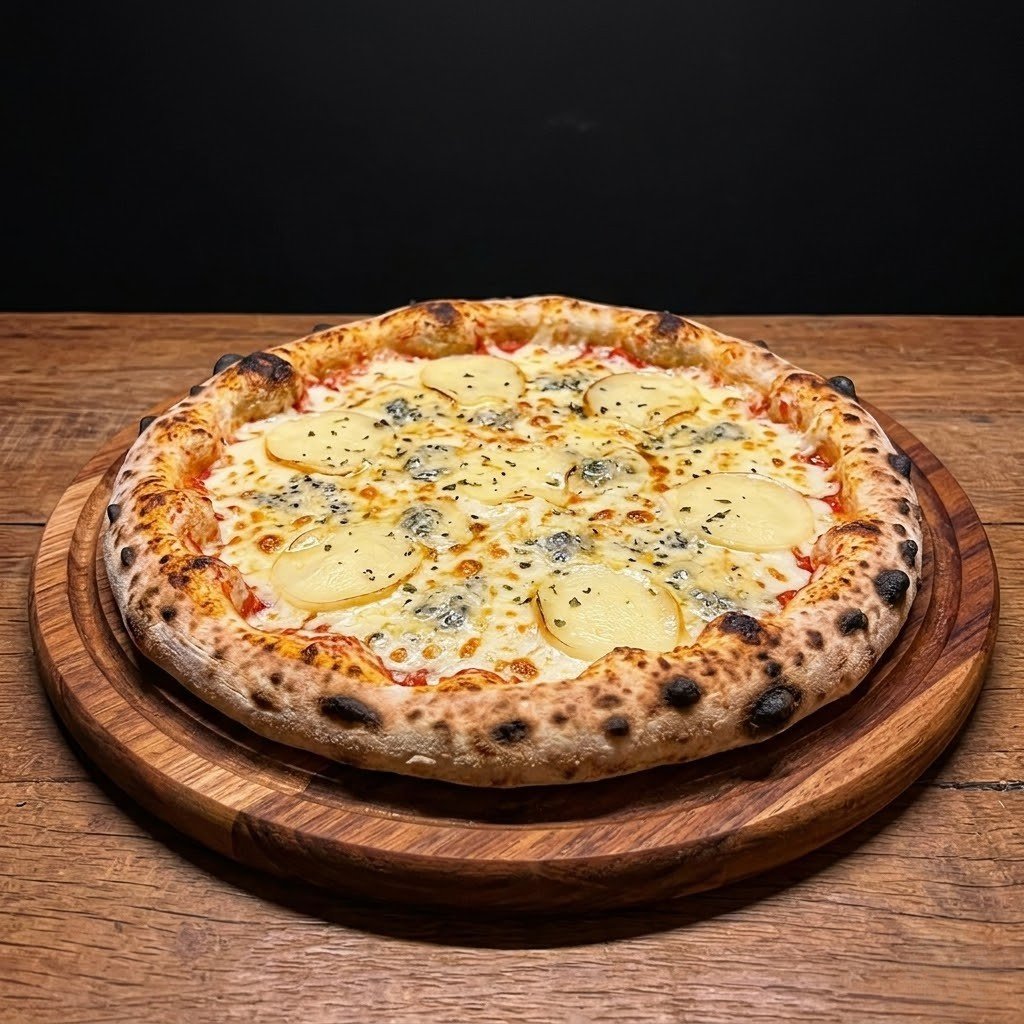Pizza napoletana de búfala e manjericão sobre uma tábua de madeira